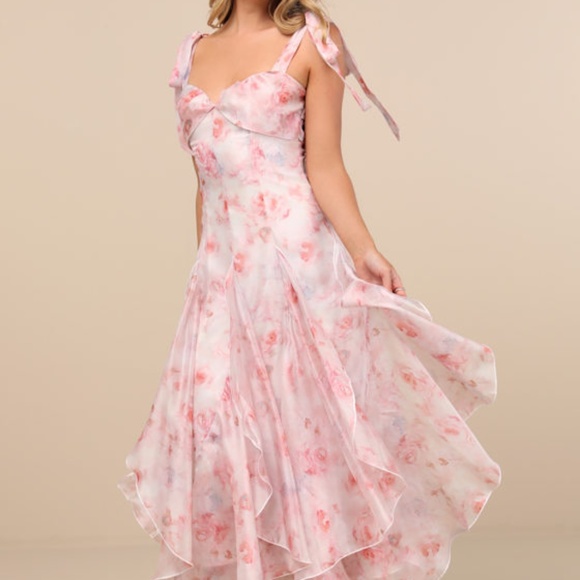 Lulus Cliona Blush Pink Floral Pleated Tie-strap Maxi Dress - Size M - Picture 1 of 1